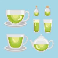 seven green tea icons vector