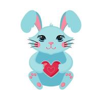 Cute Bunny hugging heart. Love concept. Happy bunny icon in flat style isolated on white background. Design element for Wedding, Birthday or Valentines Day. Vector illustration