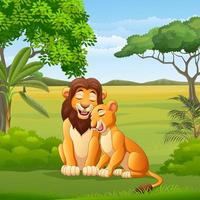 Cartoon lion couple in the jungle vector