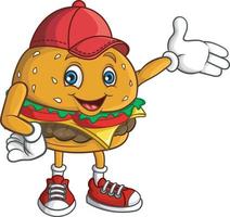 hamburguesa de dibujos animados con gorra roja agitando la mano vector