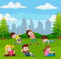 Cartoon kids doing yoga in green city park vector