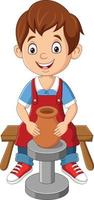 Cute little boy making pottery clay pot vector