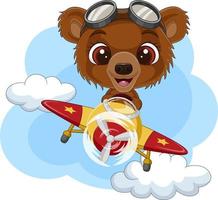 Cartoon baby bear operating a plane vector