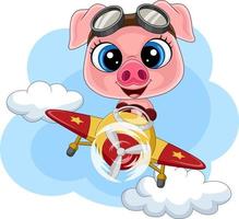 Cartoon baby pig operating a plane vector