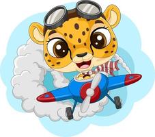 Cartoon baby leopard operating a plane vector
