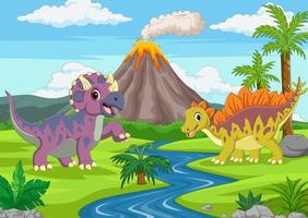 Cartoon funny dinosaurs in the jungle vector