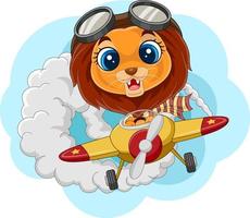 Cartoon baby lion operating a plane vector