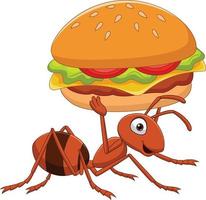 Cartoon funny ant carrying a burger vector