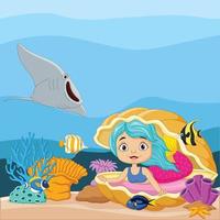 Cartoon little mermaid in the underwater world with open pearl shell and tropical fish vector