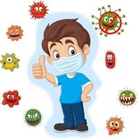Cartoon little boy with viruses and bacteria giving thumb up vector