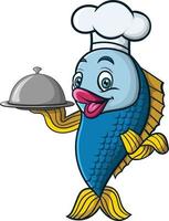 pez chef de dibujos animados sosteniendo una bandeja vector