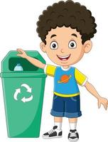 Little boy throwing trash into litter bin vector