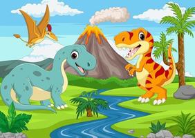 grupo de divertidos dinosaurios de dibujos animados en la jungla vector