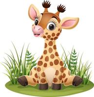 Cartoon little giraffe sitting in the grass vector