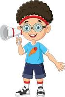 Cute little boy shouting in megaphone vector