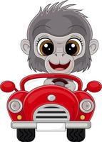 bebé gorila de dibujos animados conduciendo un coche rojo vector