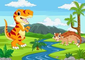 Cartoon two dinosaurs in the jungle vector