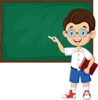 Cartoon school boy writing on the blackboard vector
