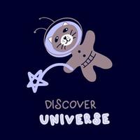 Hand drawn cat astronaut and text DISCOVER UNIVERSE. vector