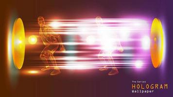 The series of hologram wallpaper. Action figure of a basketball playerr on light projection. vector