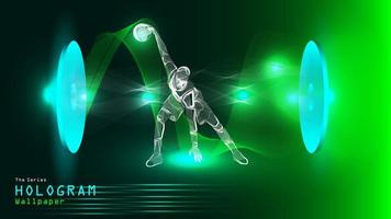 The series of hologram poster wallpaper. Action figure of a basketball player on light projection. vector