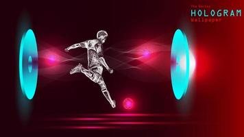 la serie de papel tapiz de holograma. figura de acción de un jugador de fútbol en proyección de luz. vector