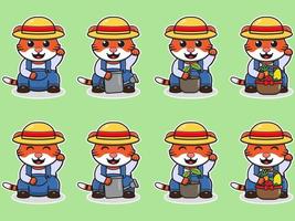 Vector Illustration of Cute cartoon tiger with Lucky cat pose Farmer costume.