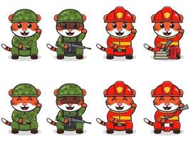 Vector Illustration of Cute cartoon tiger with Lucky cat pose Soldier and Firefighter costume