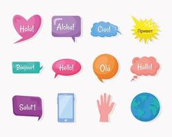 twelve global hello icons vector