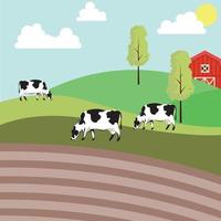 Milk cows grazing in pasture, eating grass. Farm domestic animals, heifers in grassland. Free-range cattle on farmland. Country field. Rural landscape. Flat vector illustration of countryside ranch