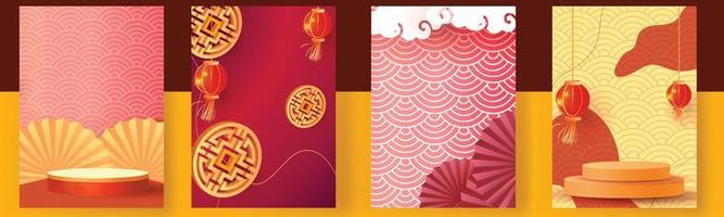 chinese new year set backgrounds  gold red vector podium design graphic pattern modern template card