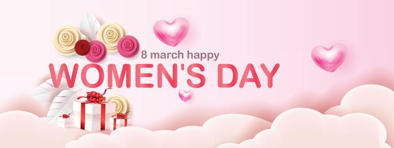 8 march Happy Women's Day  illustration. Paper art pink red backgroung flower and heart