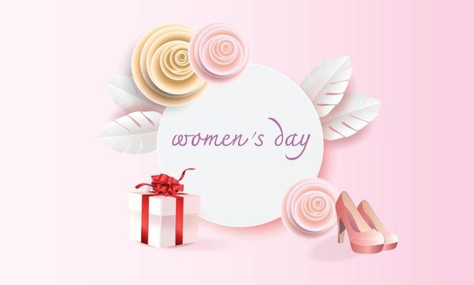 8 march Happy Women's Day  illustration. Paper art pink red backgroung flower and heart