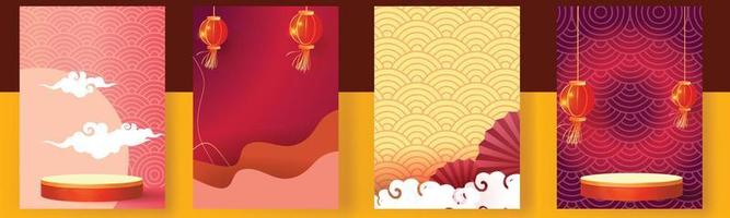 chinese new year set backgrounds  gold red vector podium design graphic pattern modern template card