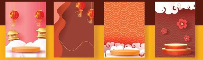 chinese new year set backgrounds  gold red vector podium design graphic pattern modern template card