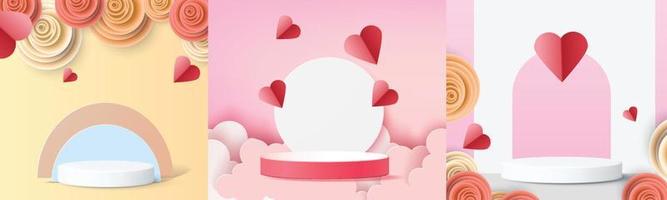 Fondo de producto rojo podio 3d para san valentín rosa y corazón amor romance concepto diseño vector illustation decoración banner