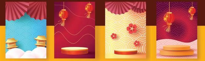 chinese new year set backgrounds  gold red vector podium design graphic pattern modern template card