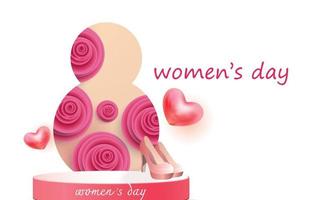 8 de marzo feliz día de la mujer ilustración. papel arte rosa rojo backgroung flor y corazón vector