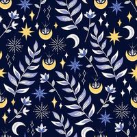 Seamless Pattern with Night Mystical Flowers, Moon and Stars