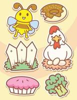 Cute hand drawn chicken and daily objects cartoon stickers vector