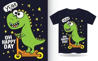 Cute dinosaur riding kick scooter hand drawn for t shirt vector