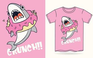 Cute shark with donut hand drawn for t shirt vector