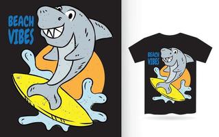 Hand drawn shark with surfboard for t shirt vector