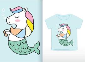 linda sirena unicornio dibujada a mano para camiseta vector