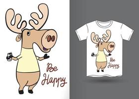 Hand drawn funny reindeer cartoon for t shirt vector