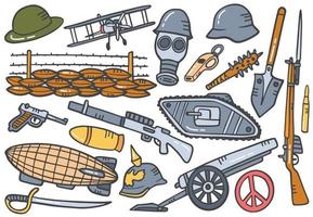 world war 1 doodle hand drawn set collections with flat outline style vector