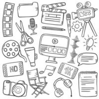 video editing concept doodle hand drawn set collections with outline black and white style vector