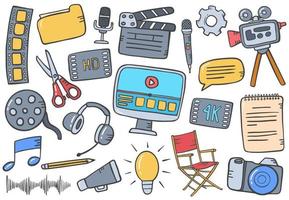 video editing concept doodle hand drawn set collections with flat outline style vector