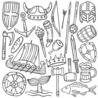 concepto de vikingos doodle colecciones de conjuntos dibujados a mano con estilo de contorno en blanco y negro vector