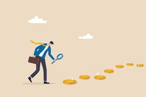 Searching for investment opportunity, financial success or salary raise, inspect way to make profit and earning concept, curios businessman with magnifier inspect money coins trail. vector